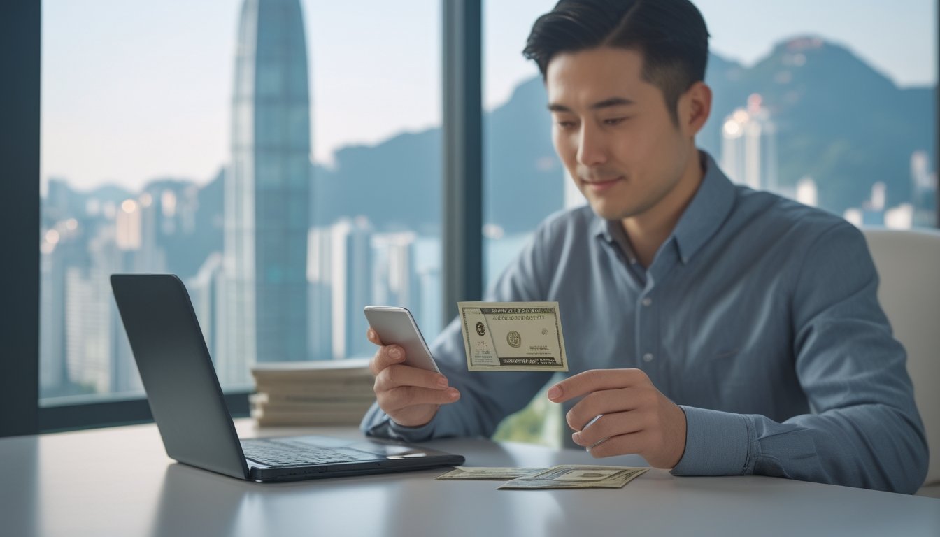 Seseorang menggunakan ponsel di meja sambil memeriksa kartu bank dan uang tunai.