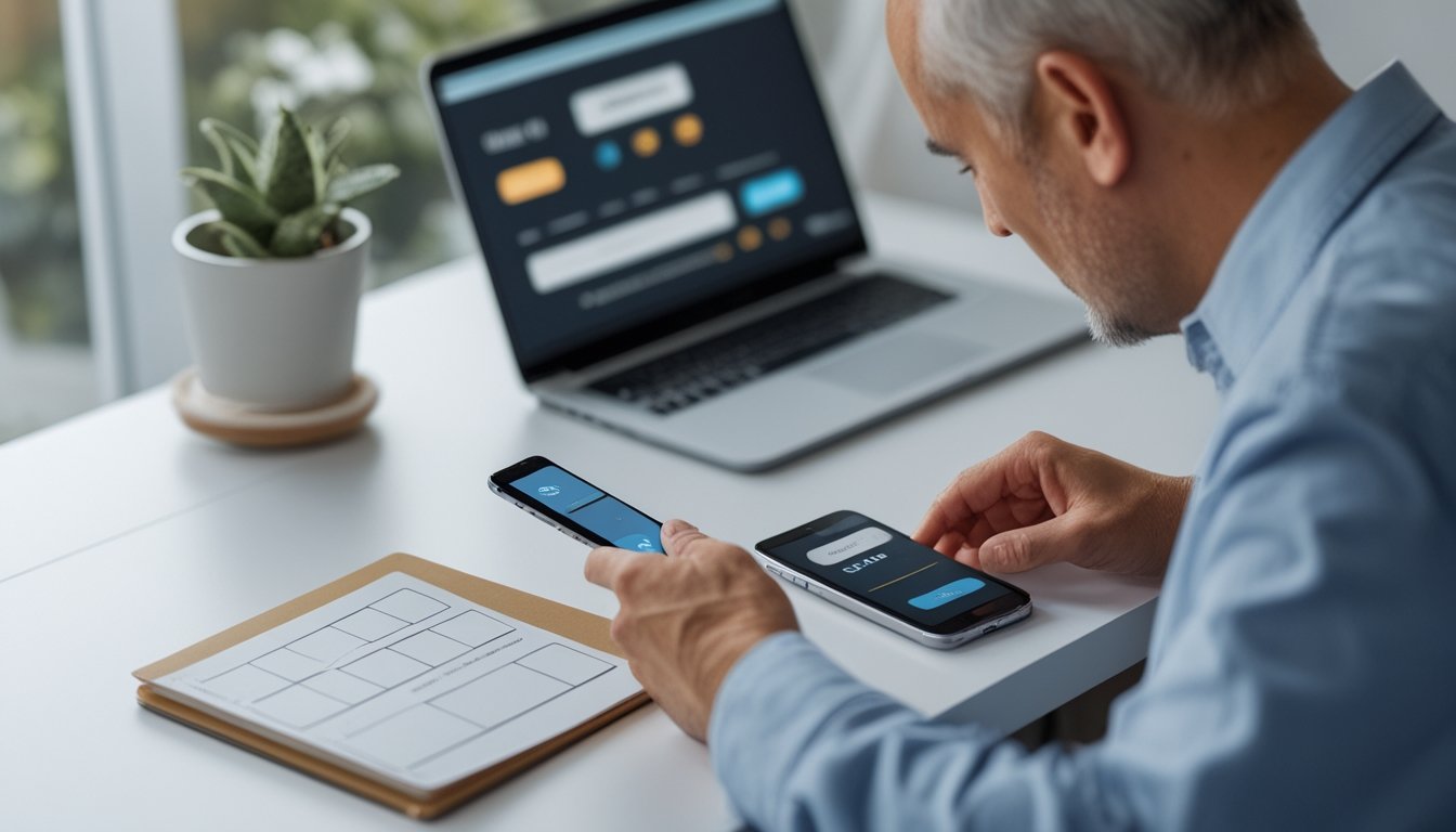 Seseorang memeriksa ponsel, kartu bank, dan daftar periksa di meja.