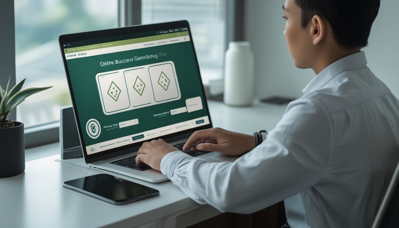 Seorang dewasa Indonesia memeriksa tampilan situs baccarat di laptop dengan cermat.