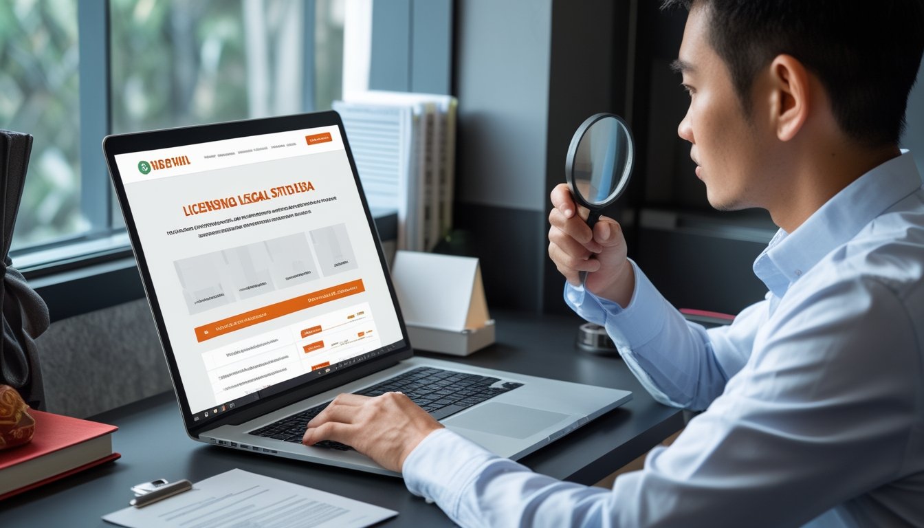 Seorang konsumen Indonesia memeriksa situs web di laptop dengan alat bantu dan dokumen di meja.