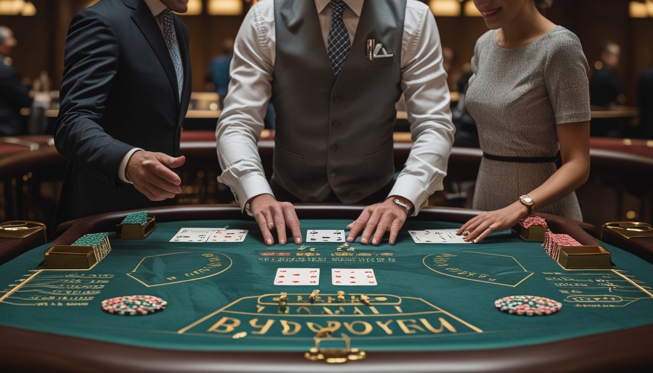 Seorang dealer menjelaskan permainan baccarat kepada dua pemain di meja kasino.