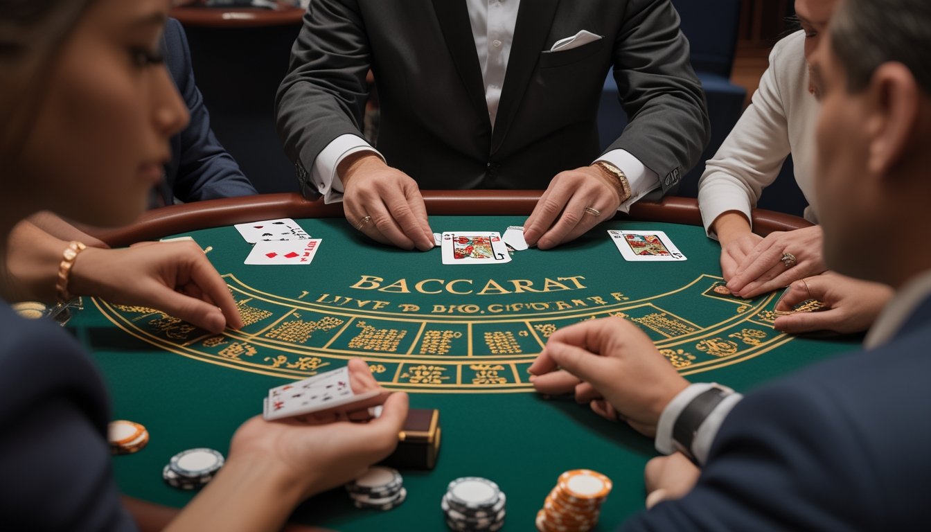 Seorang dealer membagikan kartu baccarat di meja kasino sementara dua pemain memperhatikan.