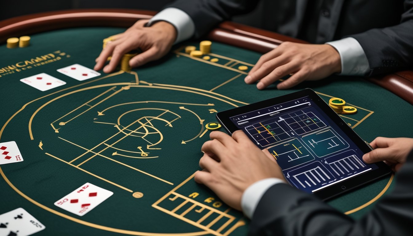 Tangan seseorang mengamati kartu dan keping taruhan di meja baccarat, dengan tablet di dekatnya.