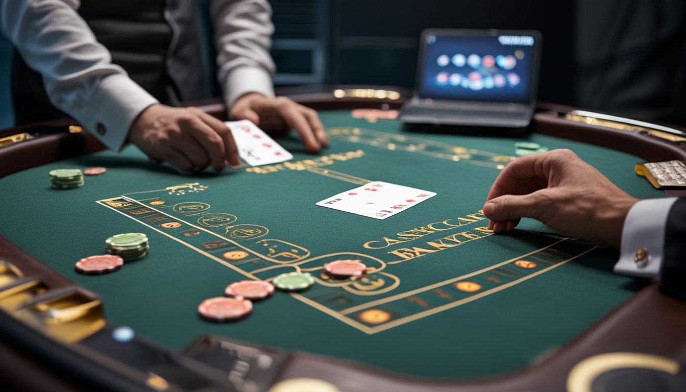 Kartu dan keping taruhan di meja baccarat dengan area Banker dan Player.