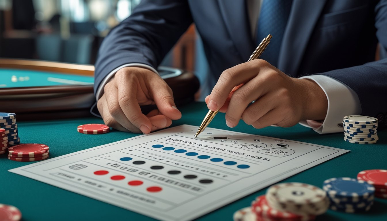 Seorang analis mempelajari pola pada kartu skor baccarat di meja kasino.