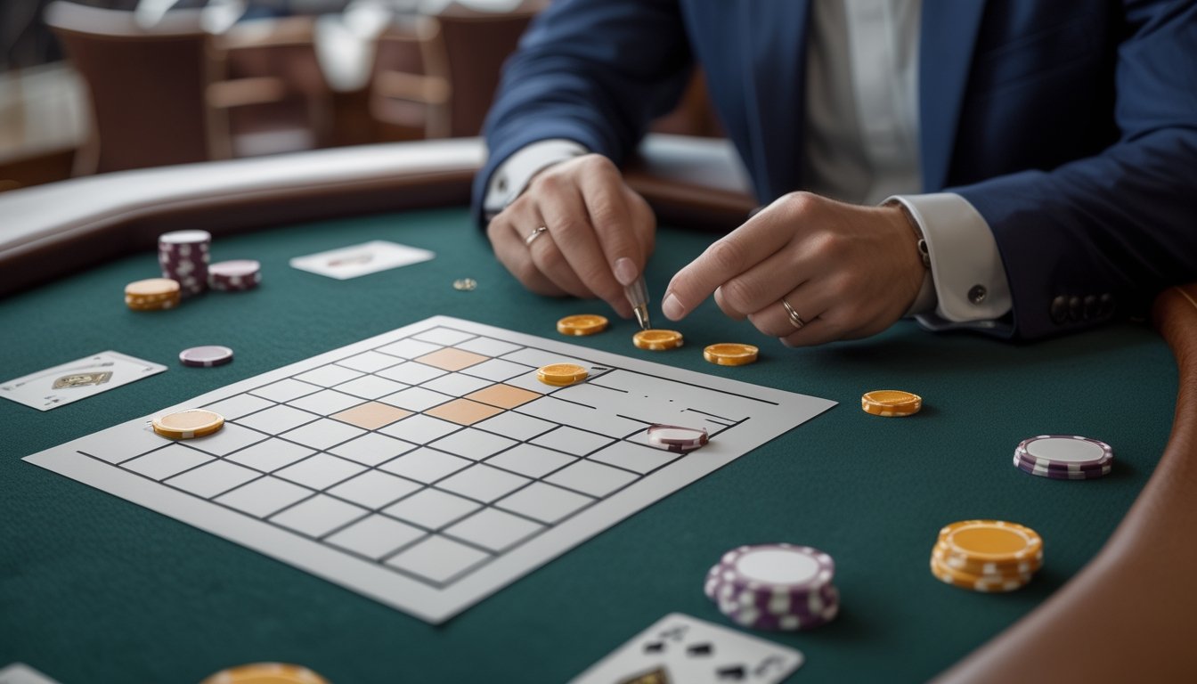 Seseorang mengamati pola hasil baccarat pada lembar skor di meja kasino.