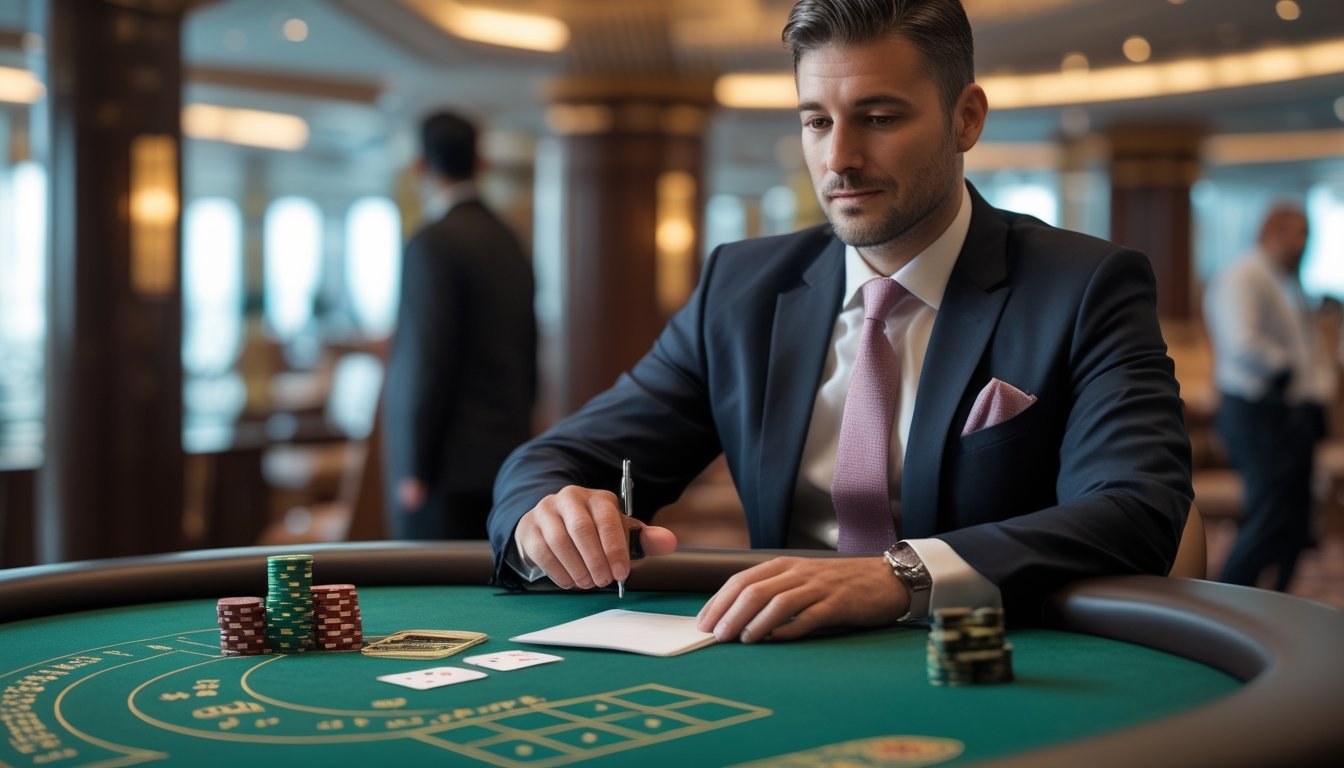 Seorang pemain baccarat menata chip sambil mencatat rencana di meja kasino.