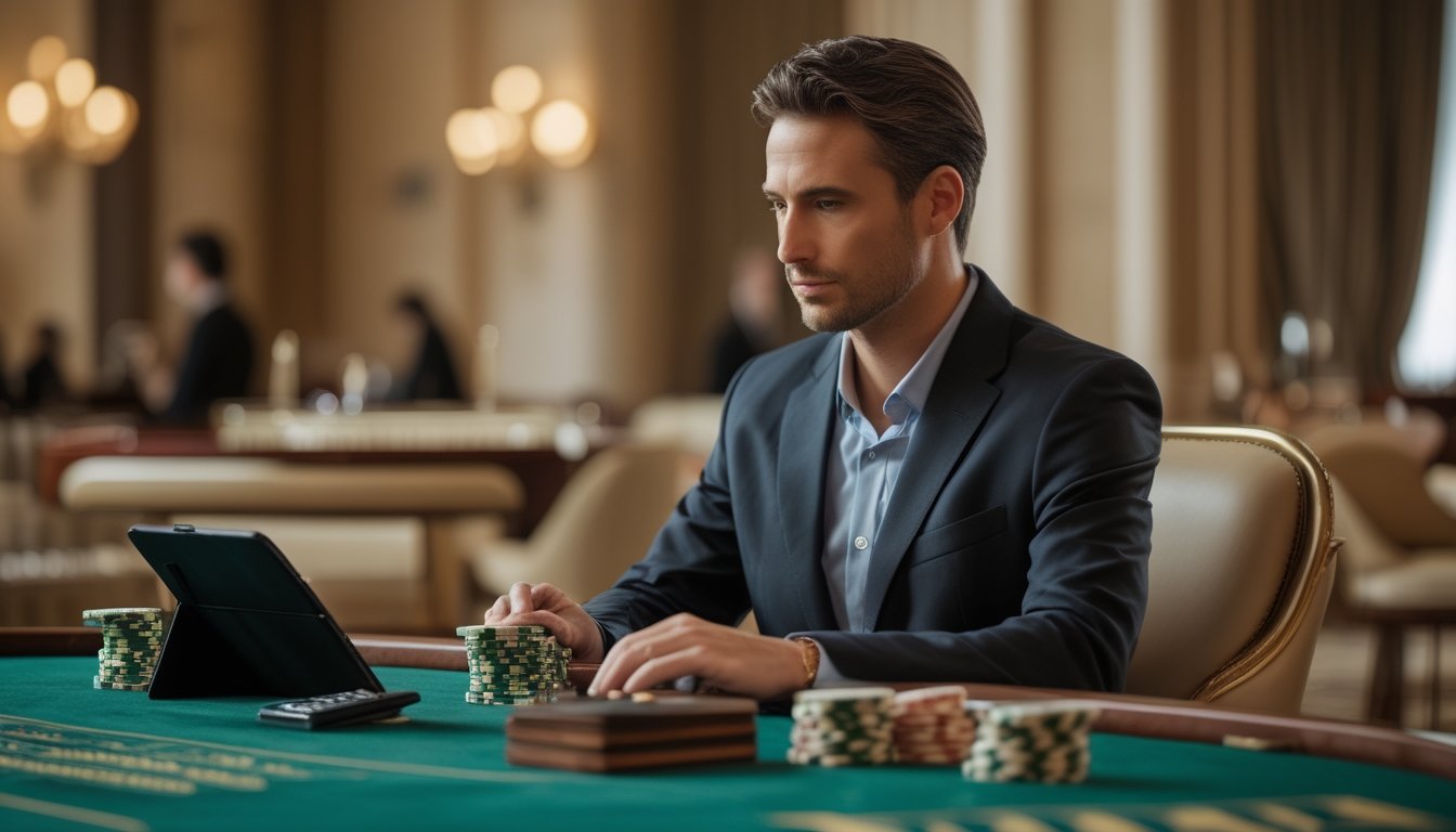 Seseorang meninjau tumpukan chip dan kalkulator di meja baccarat.