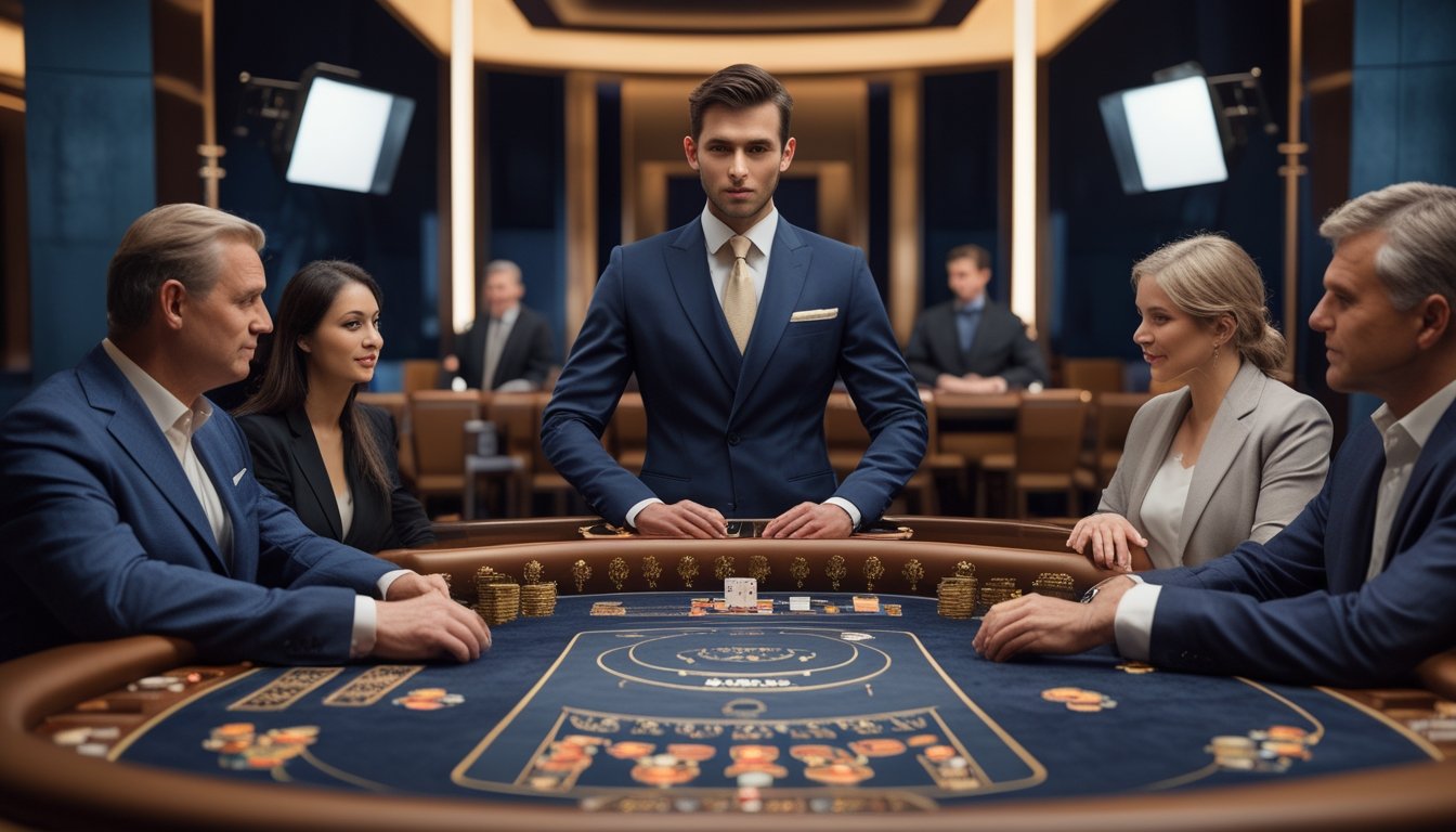 Seorang dealer dan beberapa pemain berada di meja baccarat di studio kasino.