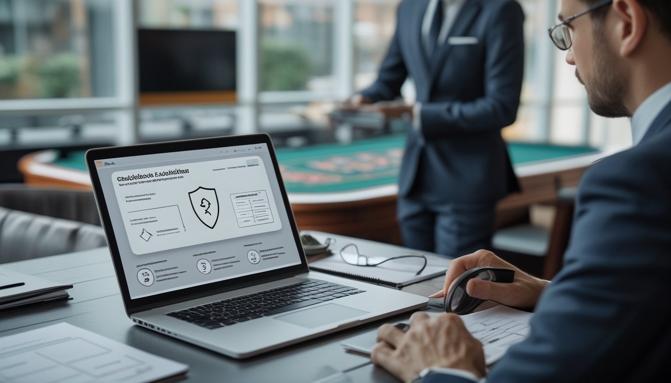 Seorang analis memeriksa informasi penyedia permainan baccarat di laptop.