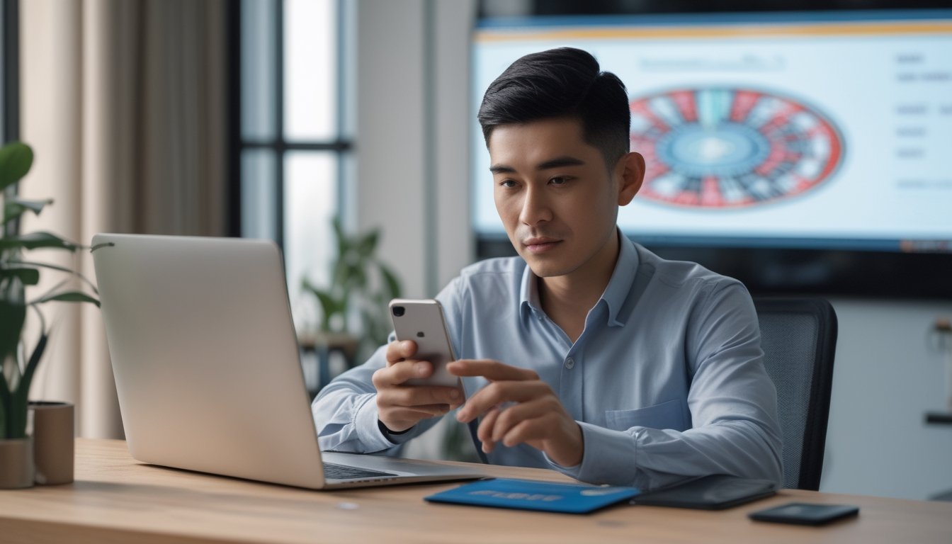 Seseorang menggunakan ponsel dan laptop untuk melakukan transaksi di dekat meja baccarat.