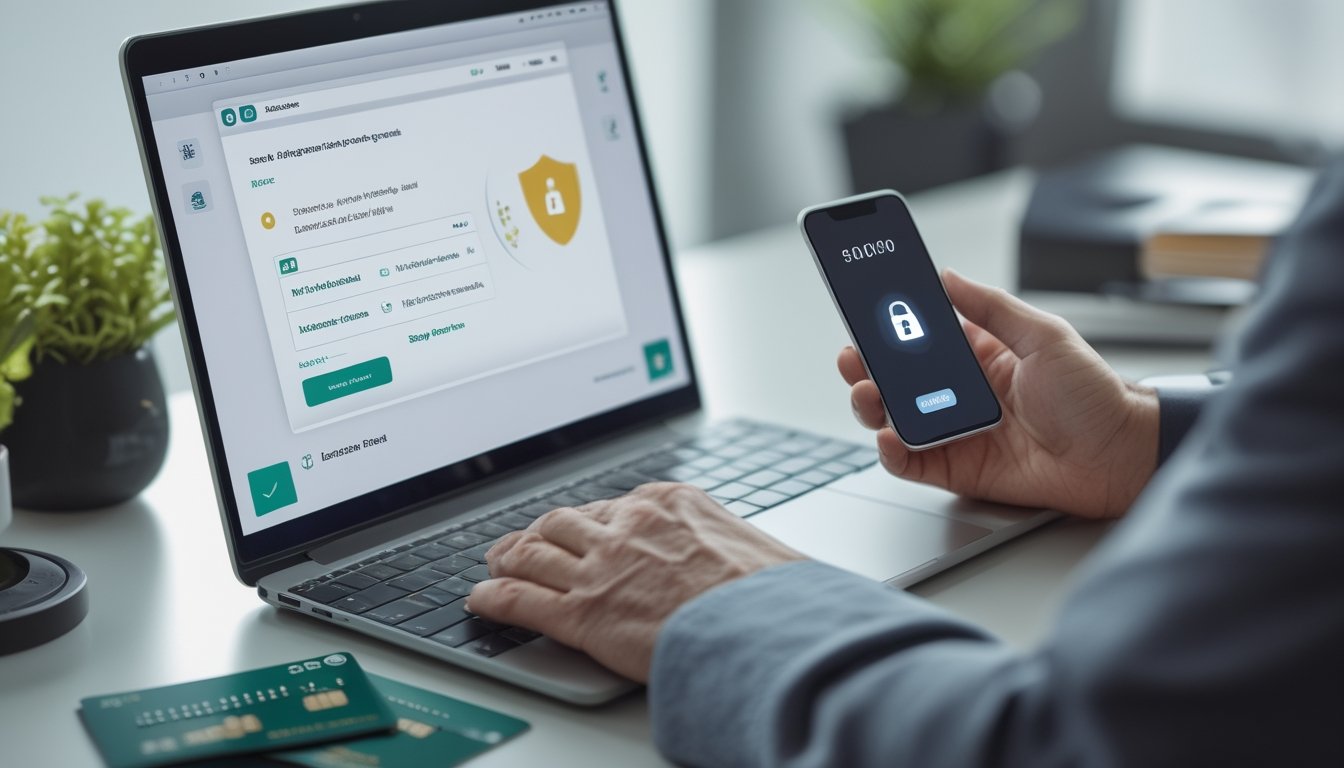Seseorang memeriksa transaksi online di laptop dan ponsel dengan simbol keamanan.