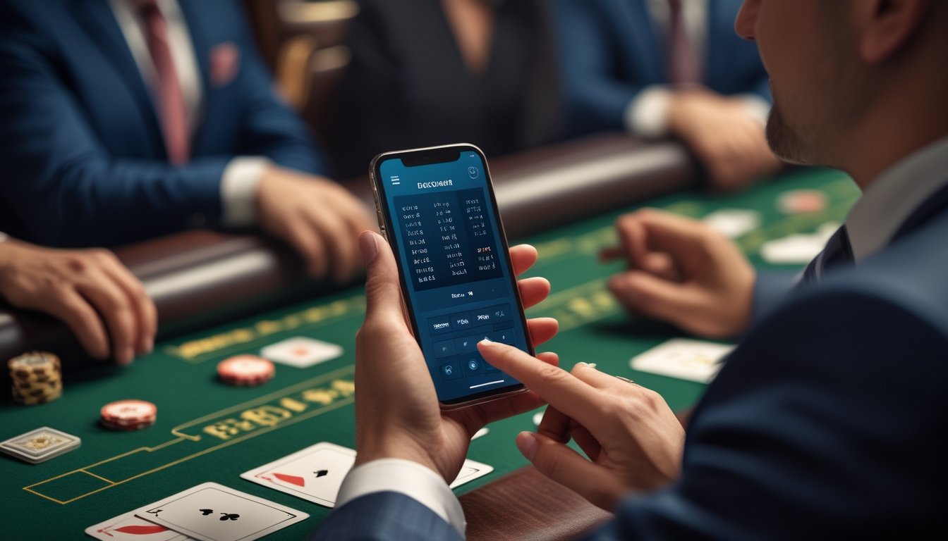 Seorang pemain menggunakan ponsel sambil mengikuti permainan baccarat yang dipandu dealer di kasino.