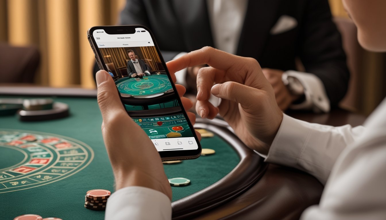 Seseorang menyaksikan permainan baccarat langsung melalui ponsel di dekat meja kasino.
