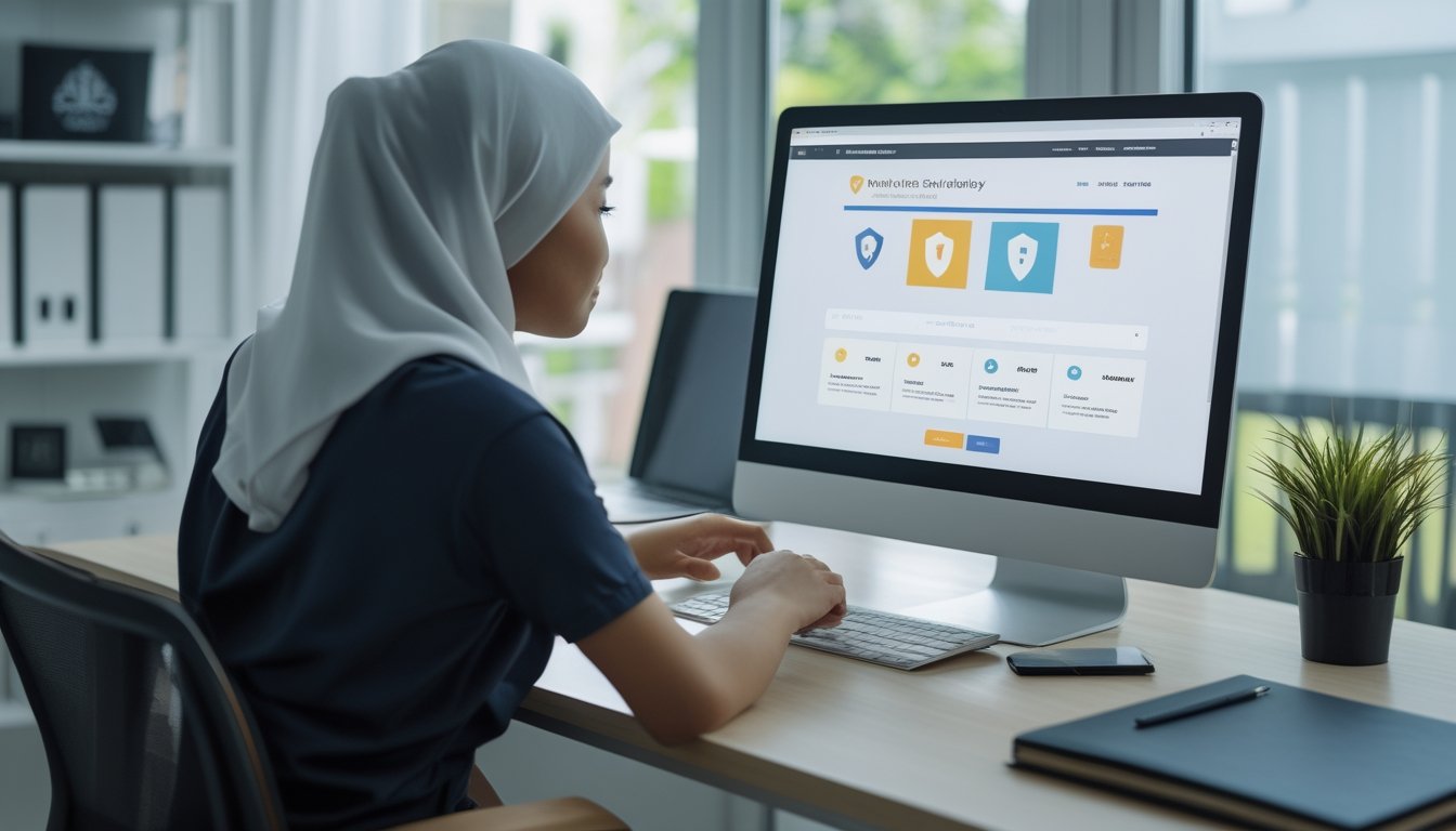 Seseorang memeriksa tampilan situs daring di laptop di meja kerja.
