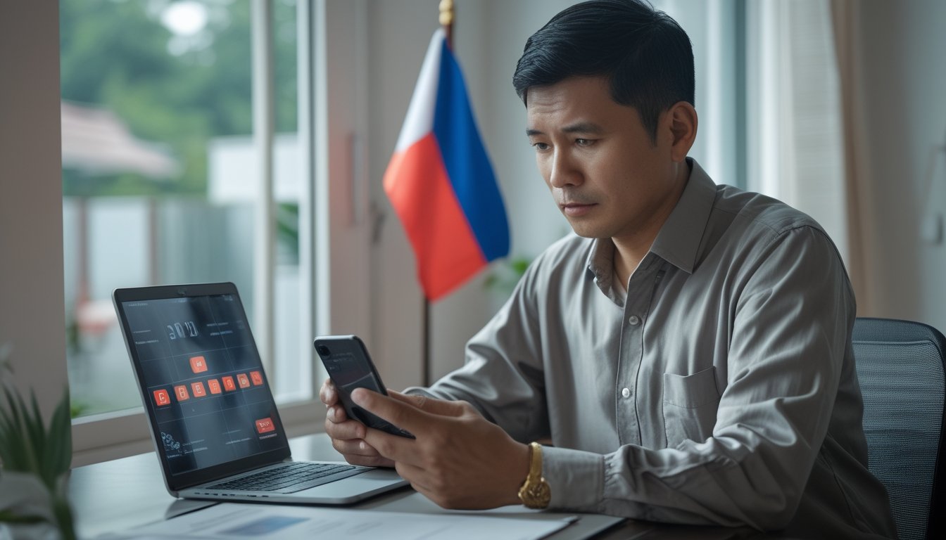 Seorang warga Indonesia memeriksa ponsel dan laptop di meja.
