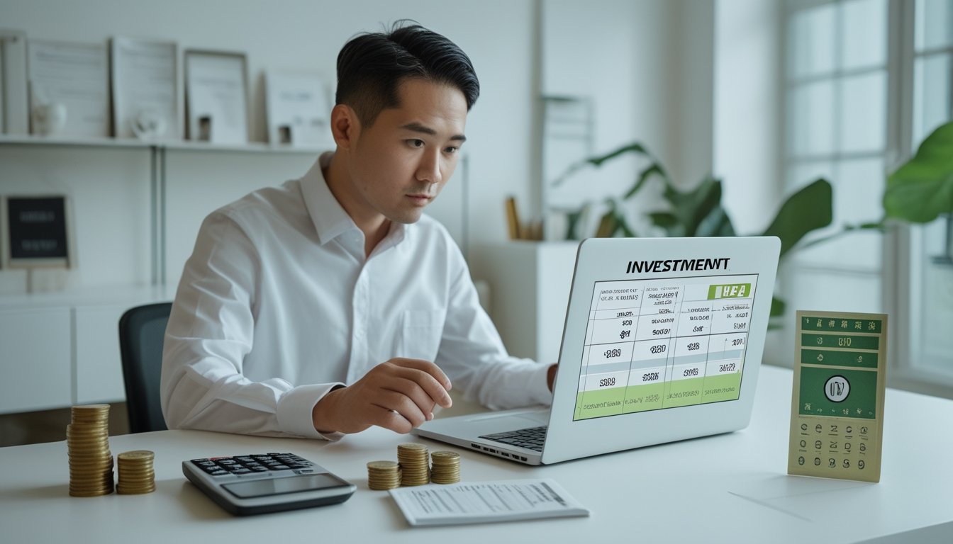 Seseorang meninjau anggaran dan grafik investasi di meja, dengan kalkulator, koin, dan tiket undian di sampingnya.