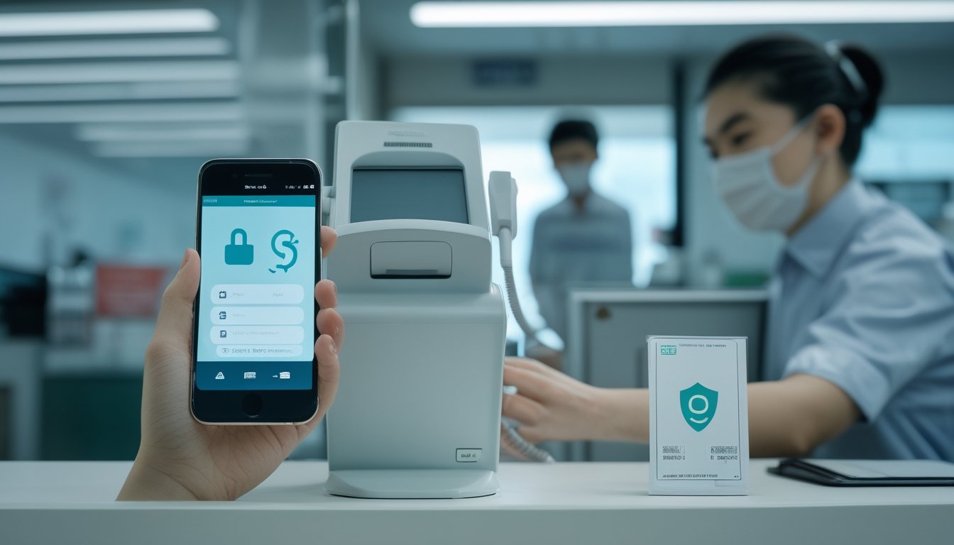 Pelanggan menggunakan ponsel untuk membayar melalui dompet digital dengan bantuan petugas di konter.