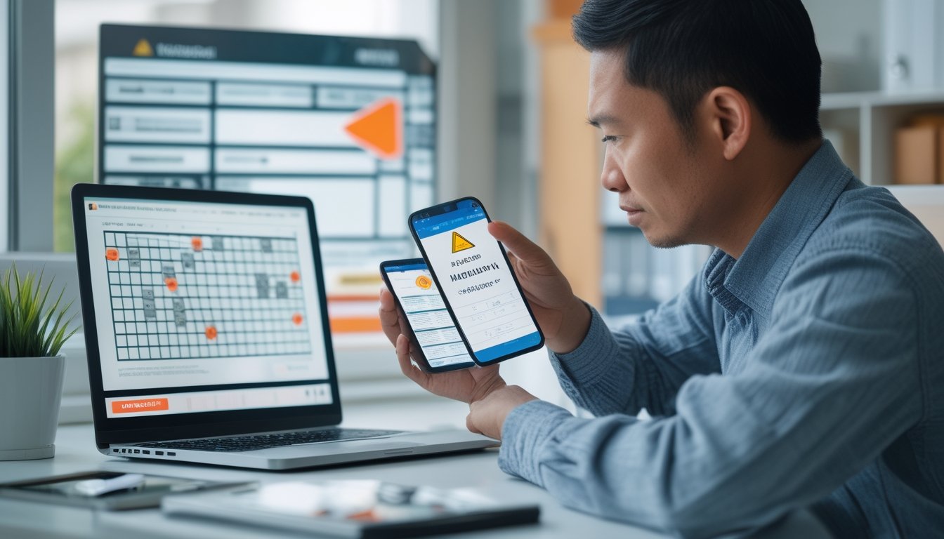 Seseorang memeriksa ponsel dan laptop dengan cermat di meja kerja.