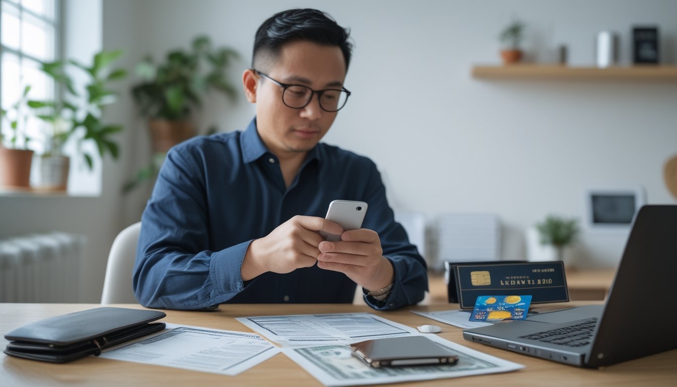 Seseorang memeriksa ponsel sambil menyiapkan kartu bank dan dokumen di meja.