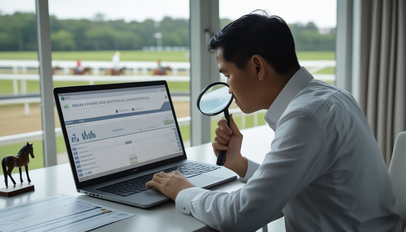 Seorang dewasa Indonesia meninjau tampilan laptop dengan gambar balap kuda di meja.
