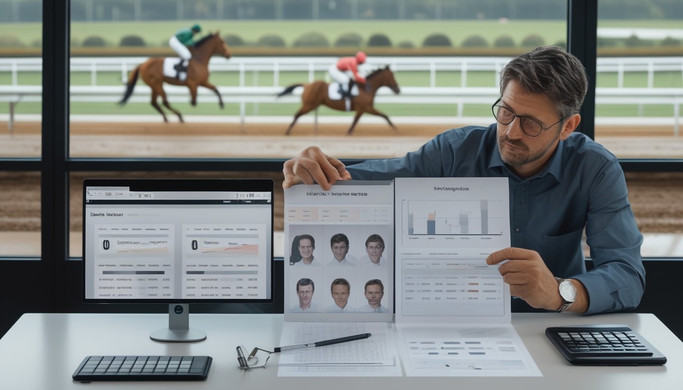 Seorang analis meninjau grafik dan diagram lintasan saat kuda dan joki berlatih di arena pacuan.