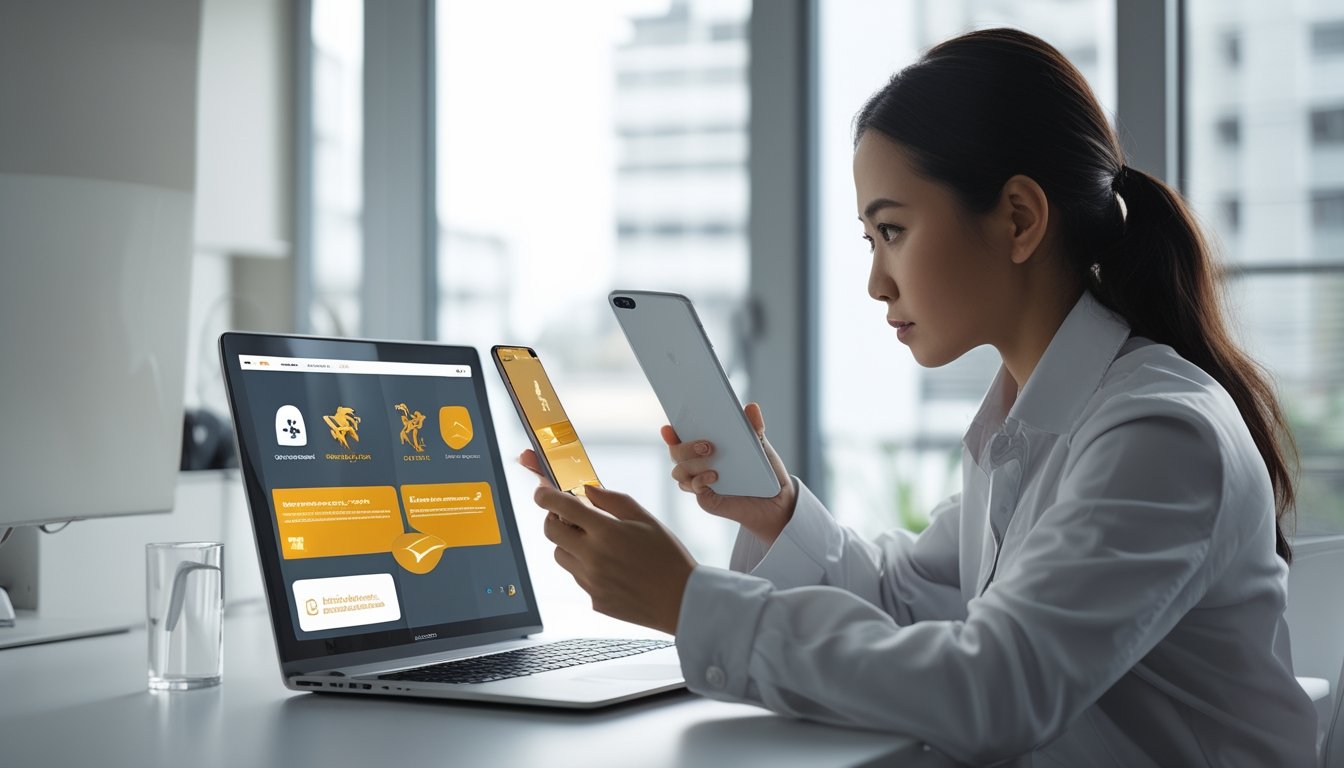 Seseorang memeriksa situs balap kuda mencurigakan di ponsel dan laptop.