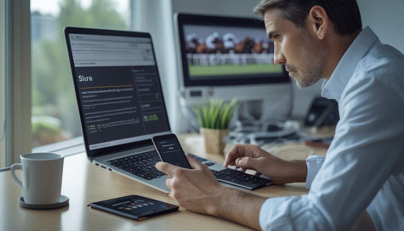 Seseorang memeriksa situs balap kuda melalui laptop dan ponsel di meja kerja.