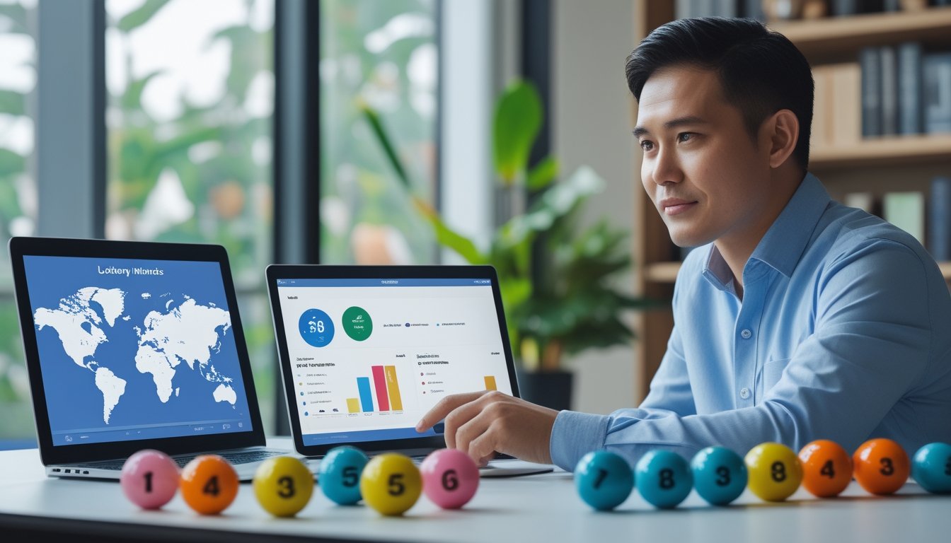 Seorang pengguna melihat dashboard digital dan bola togel warna-warni di meja.