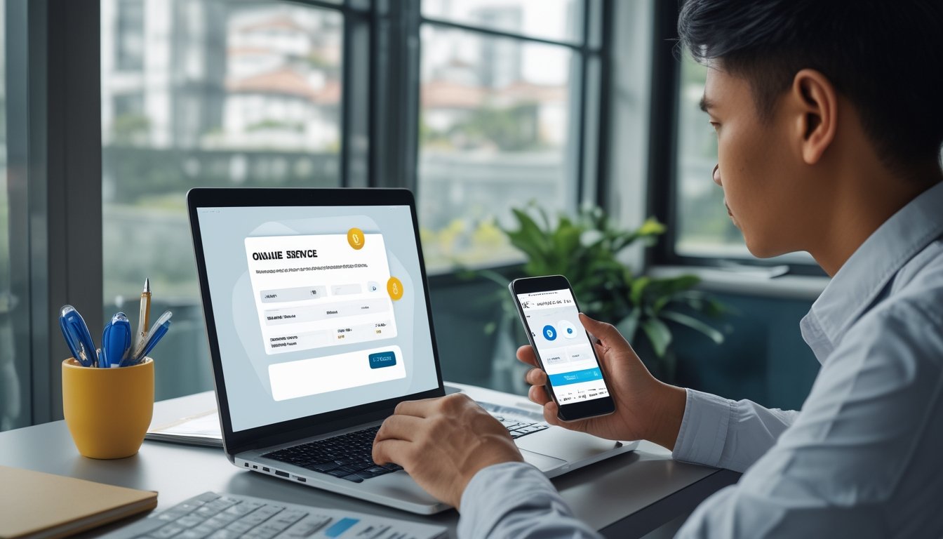 Seseorang memeriksa sebuah situs di laptop sambil membandingkan informasi melalui ponsel.