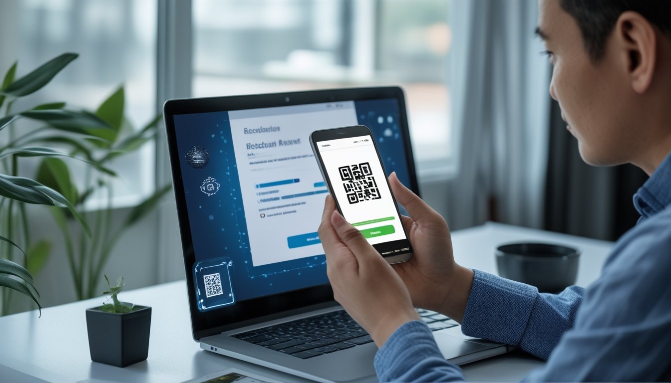 Seseorang menggunakan ponsel untuk memindai kode QR di layar laptop.