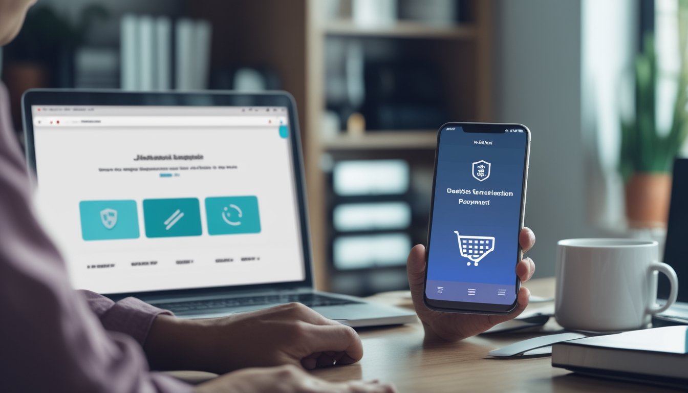 Seseorang memeriksa situs di laptop sambil melihat antarmuka pembayaran QR pada ponsel.