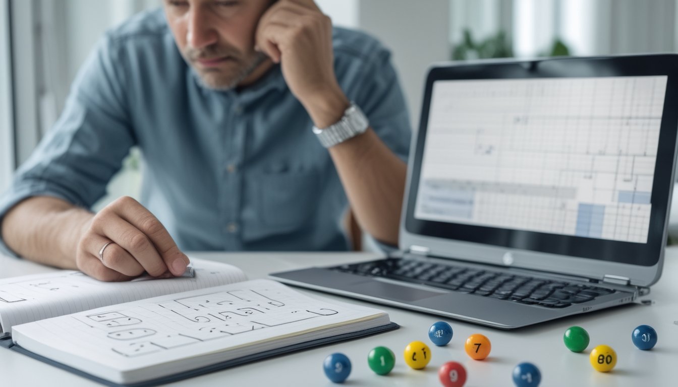 Seseorang meninjau catatan dan grafik di meja dengan beberapa bola bernomor yang tersebar.
