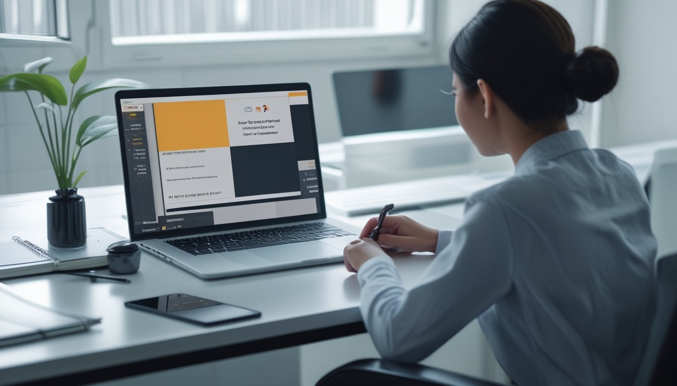 Seseorang membandingkan beberapa situs di laptop dengan bantuan buku catatan dan kalkulator.