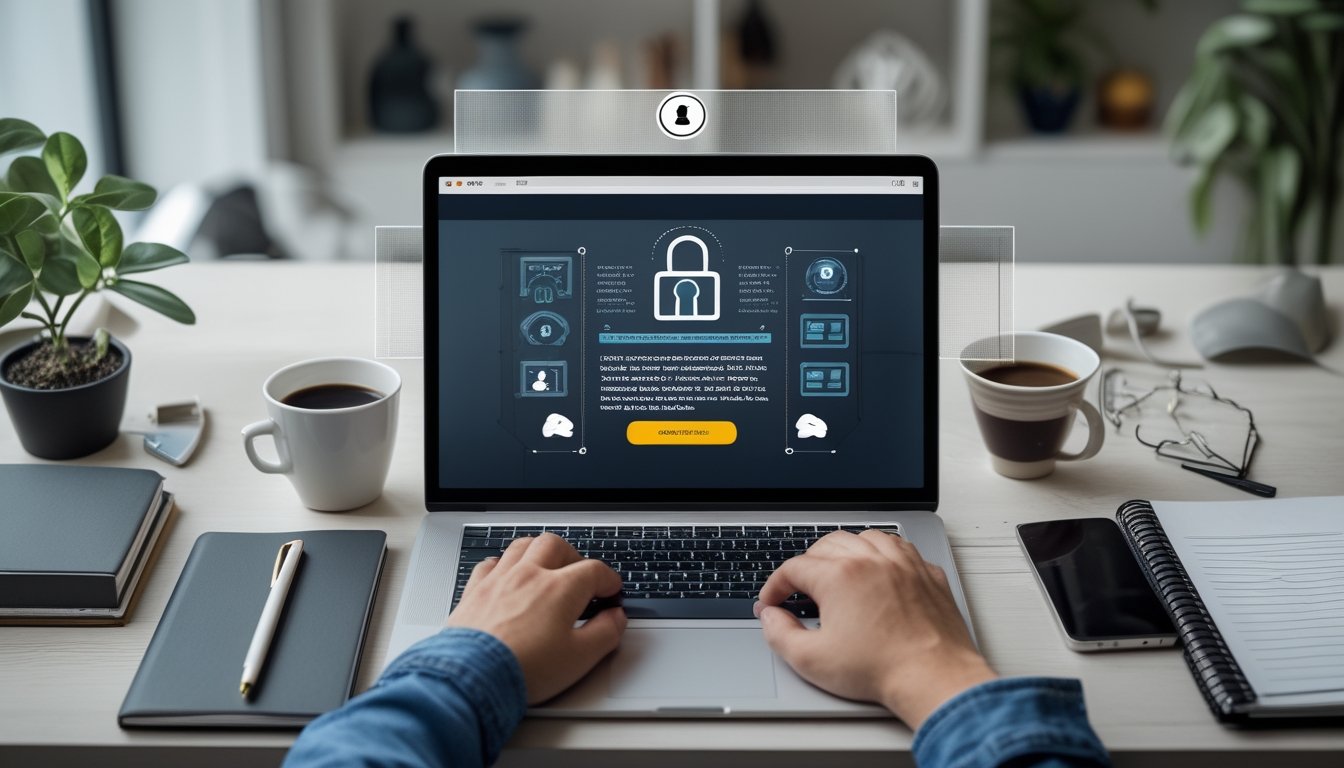 Seseorang memeriksa situs mencurigakan di laptop dengan simbol perisai keamanan.