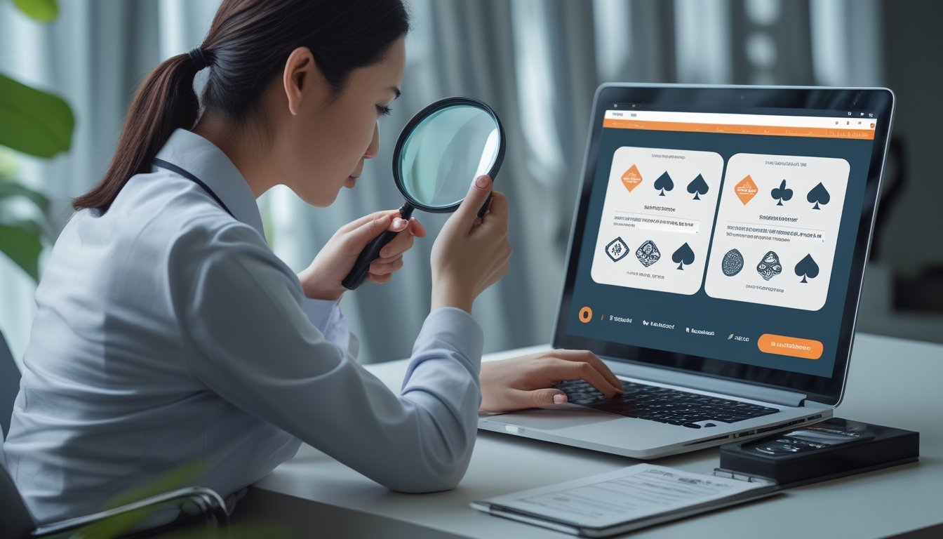 Seseorang memeriksa tampilan situs poker online di laptop dengan kaca pembesar dan daftar periksa.