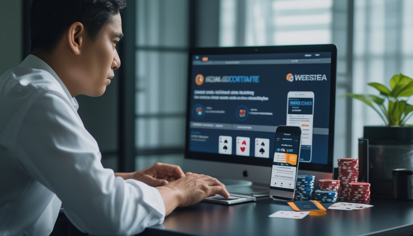Seorang dewasa memeriksa situs poker daring di laptop dengan kartu dan keping poker di meja.