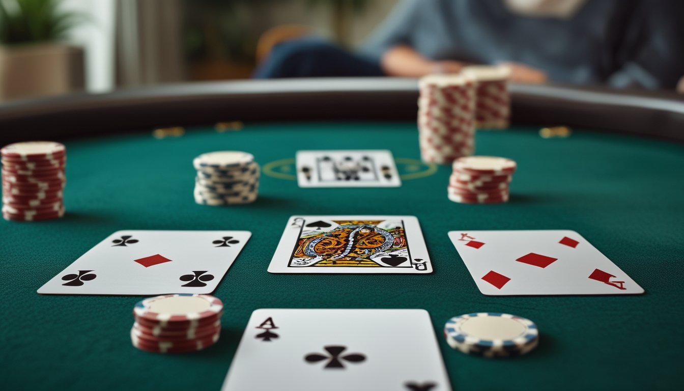 Kartu poker dan tumpukan chip tersusun di atas meja poker hijau.