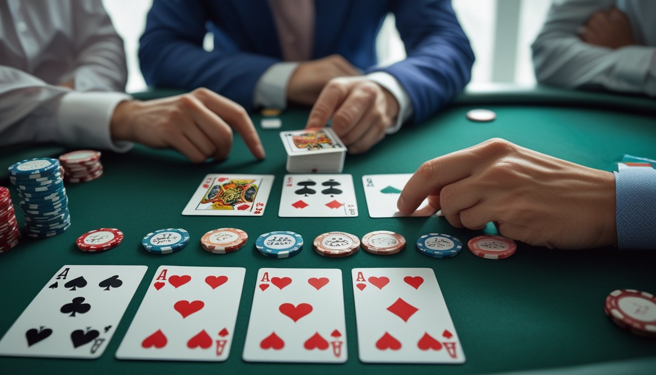 Kartu-kartu poker dalam beberapa kombinasi tersusun di atas meja hijau, dengan keping taruhan dan tangan pemain.