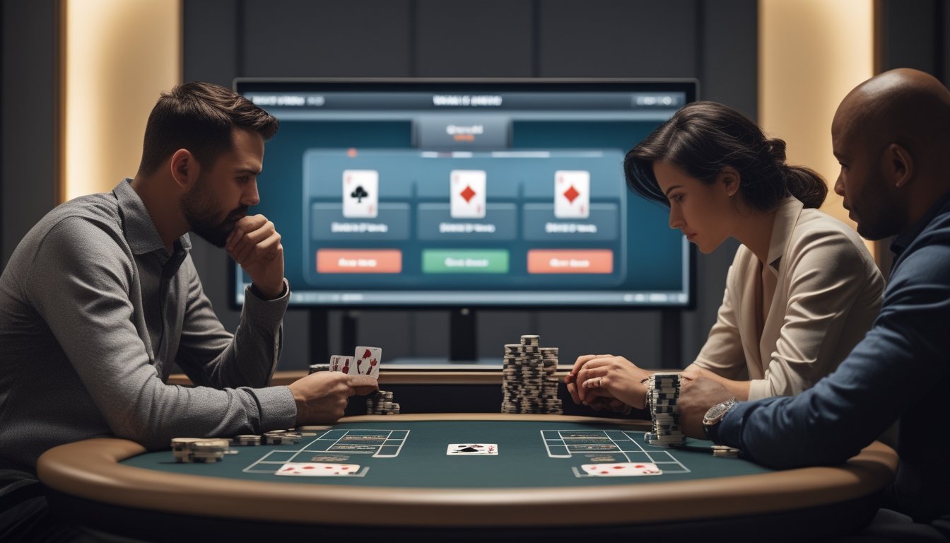 Dua pemain membandingkan kartu Texas Hold’em dan Omaha di meja poker.