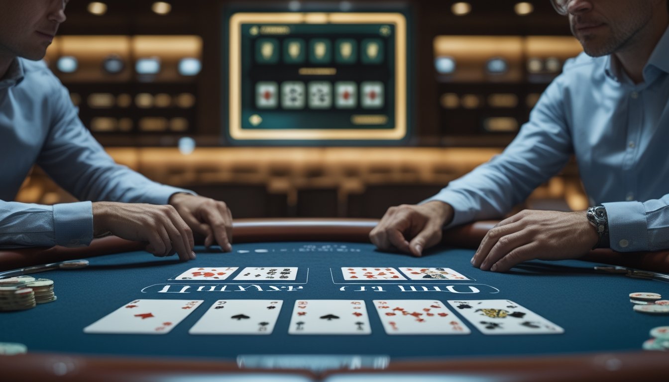 Seorang pemain membandingkan susunan kartu Texas Hold’em dan Omaha di meja poker.