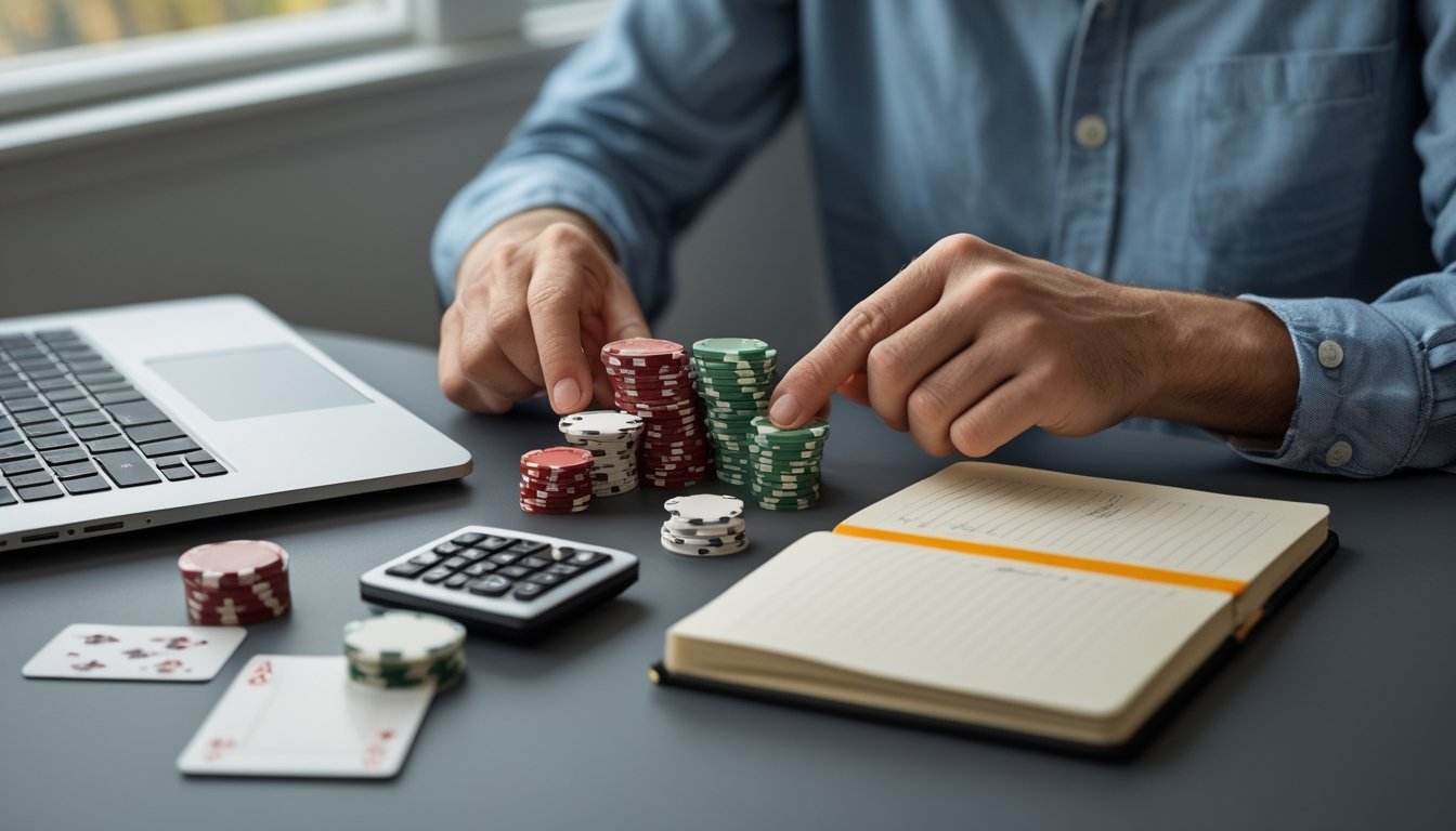 Seseorang mengatur keping poker di meja dengan laptop tertutup dan kalkulator.