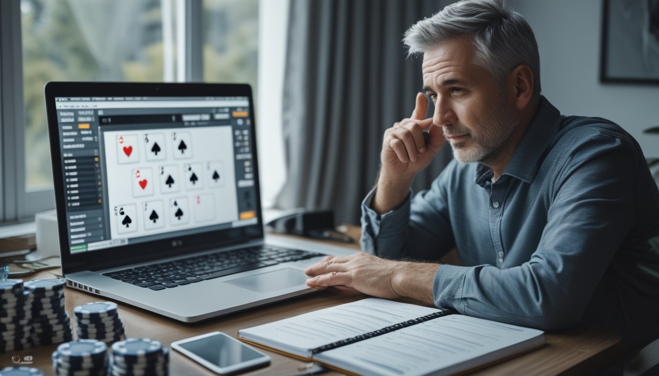 Seseorang meninjau anggaran dan tumpukan chip poker di meja.