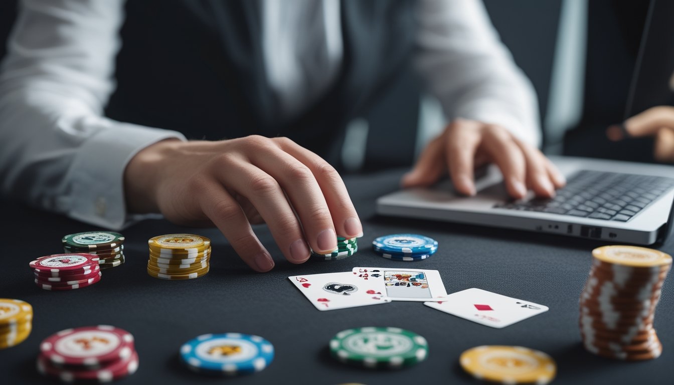 Seseorang mempertimbangkan tumpukan chip dan kartu di meja poker.