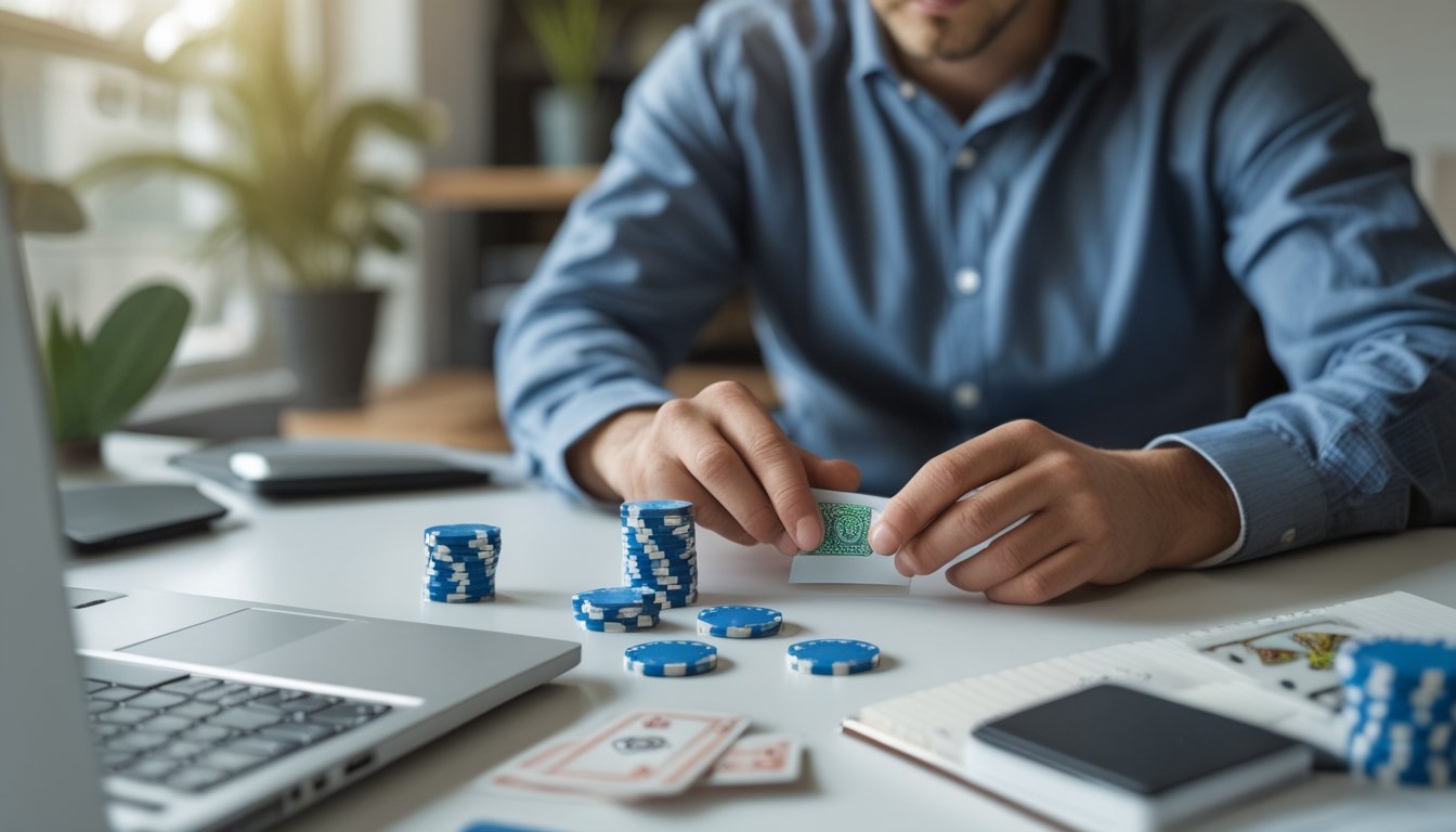 Seorang pemain poker mempelajari kartu dan tumpukan chip di depan laptop.