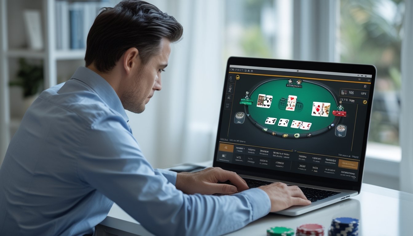 Seorang pemain poker menatap layar laptop dengan kartu dan keping poker di meja.