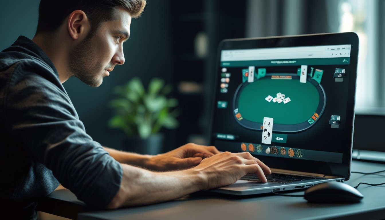 Seorang pemain poker mengamati permainan daring sambil mempertimbangkan taruhan.