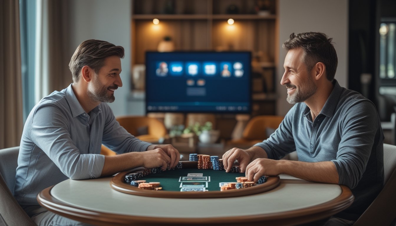 Dua orang dewasa bermain poker bersama di meja dengan kartu dan keping taruhan.