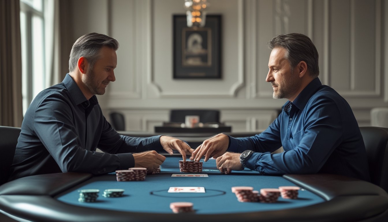 Dua pemain dewasa bermain poker dan berhadapan di meja dengan kartu serta keping taruhan.