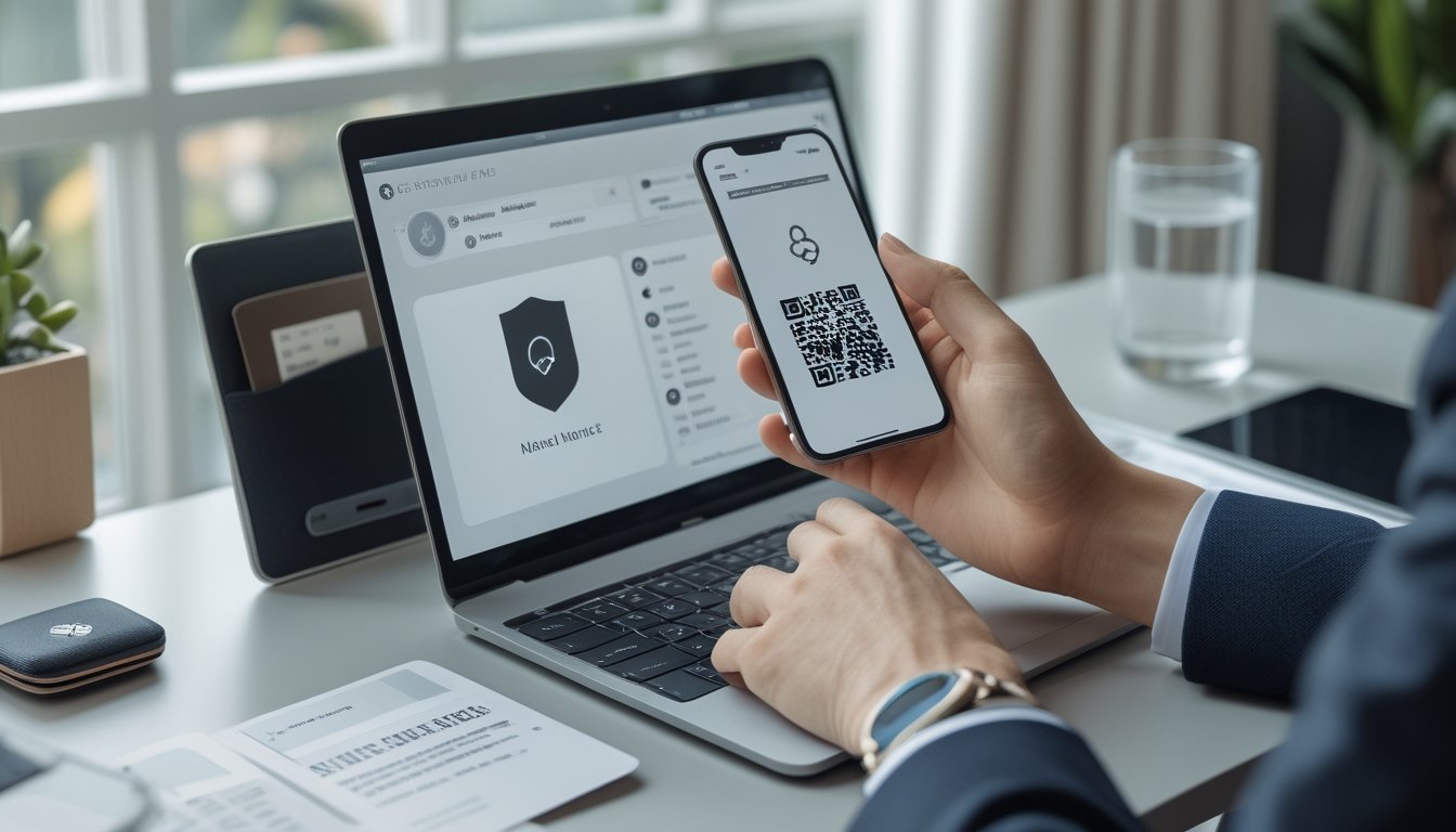 Seseorang menggunakan ponsel untuk memindai kode QR di laptop, dengan perangkat pembayaran digital di atas meja.